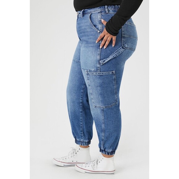 Forever 21+ Denim Joggers Women’s 16 Blue Stone Wash Elastic Waist Cargo Utility - Picture 5 of 7